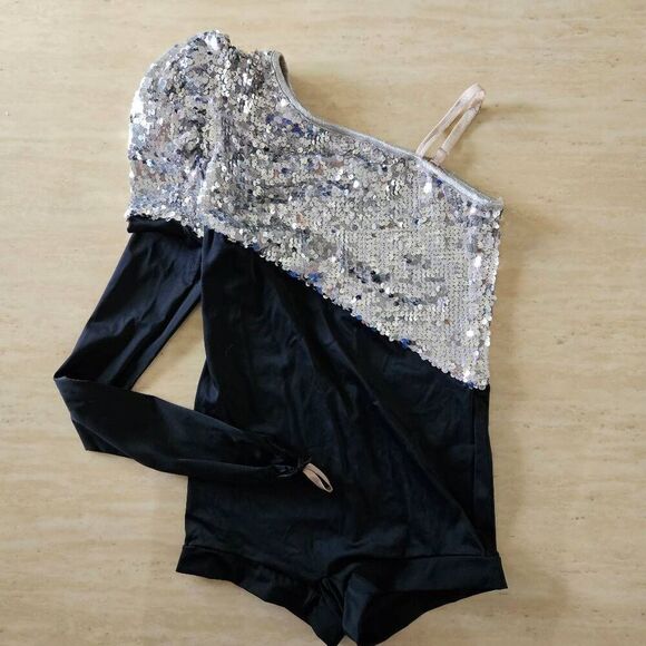 Weissman NWOT child large black silver dance costume jazz acro tap - Picture 1 of 9